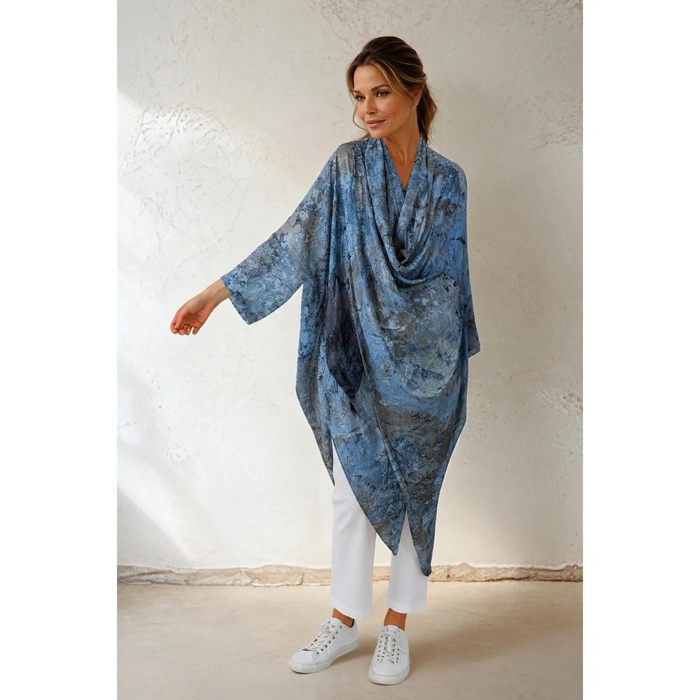 Jarbo 100% Silk Athena Cape Wrap Blue Abstract Lagenlook Avant Garde One Size